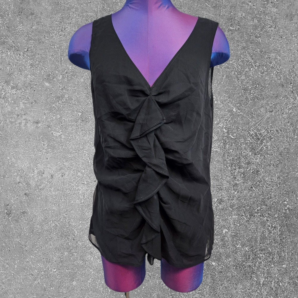 St. John Women Black 100% Silk Ruffle Front V-Neck Sleeveless Blouse Top Size 10